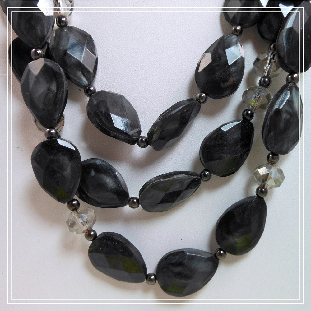 Vintage Three Strand‎ Crystal Pendant Black Grey Necklace - Designer Signed